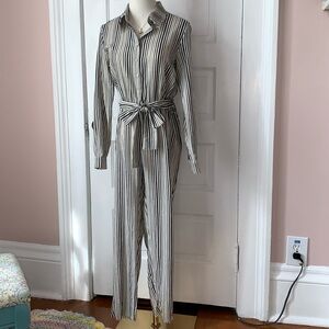 OLIVACEOUS STRIPED LONG SLEEVE JUMPSUIT